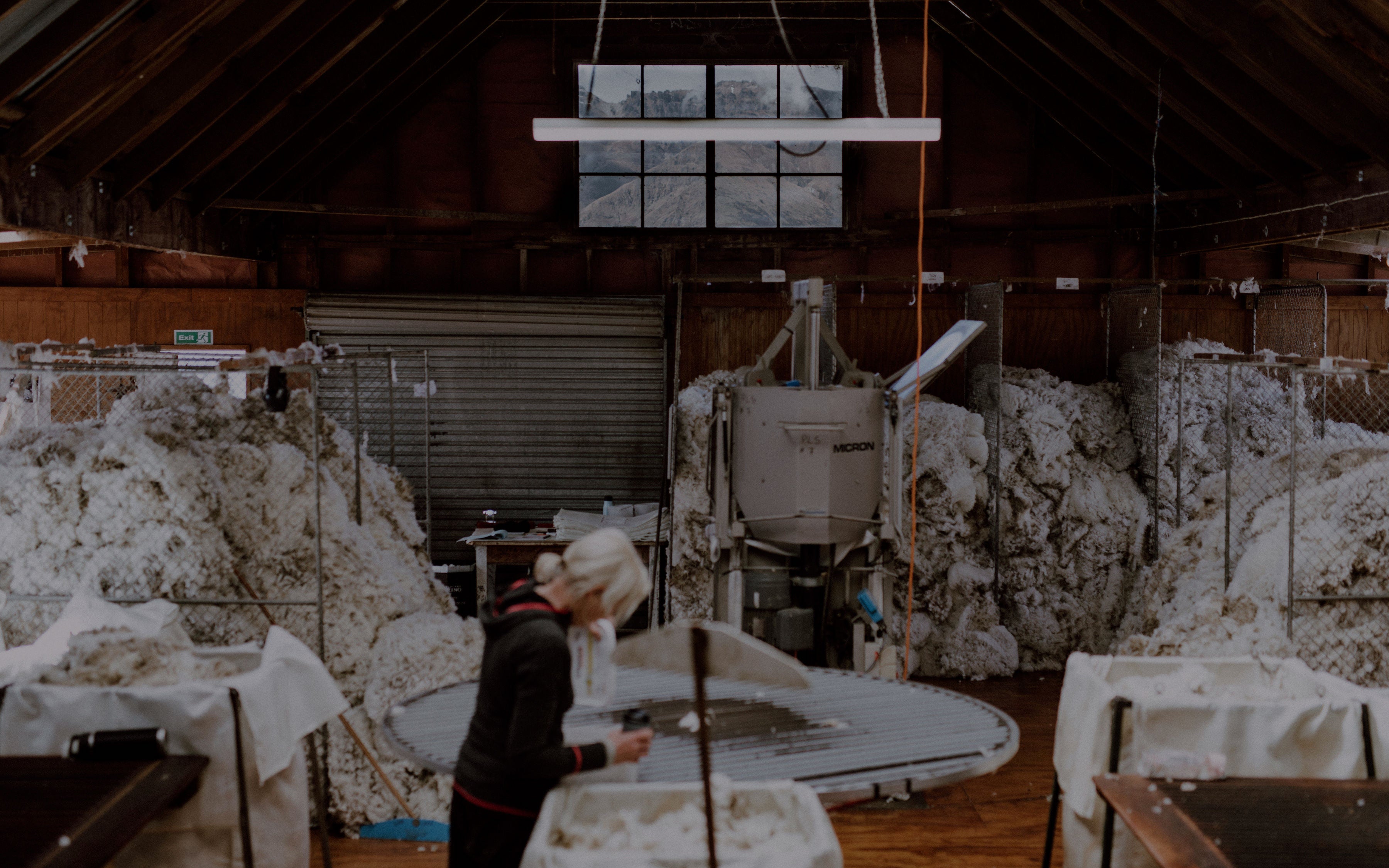 A wool handler sorter and grading the merino wool in the woodshed at Mount Nicholas Station.
